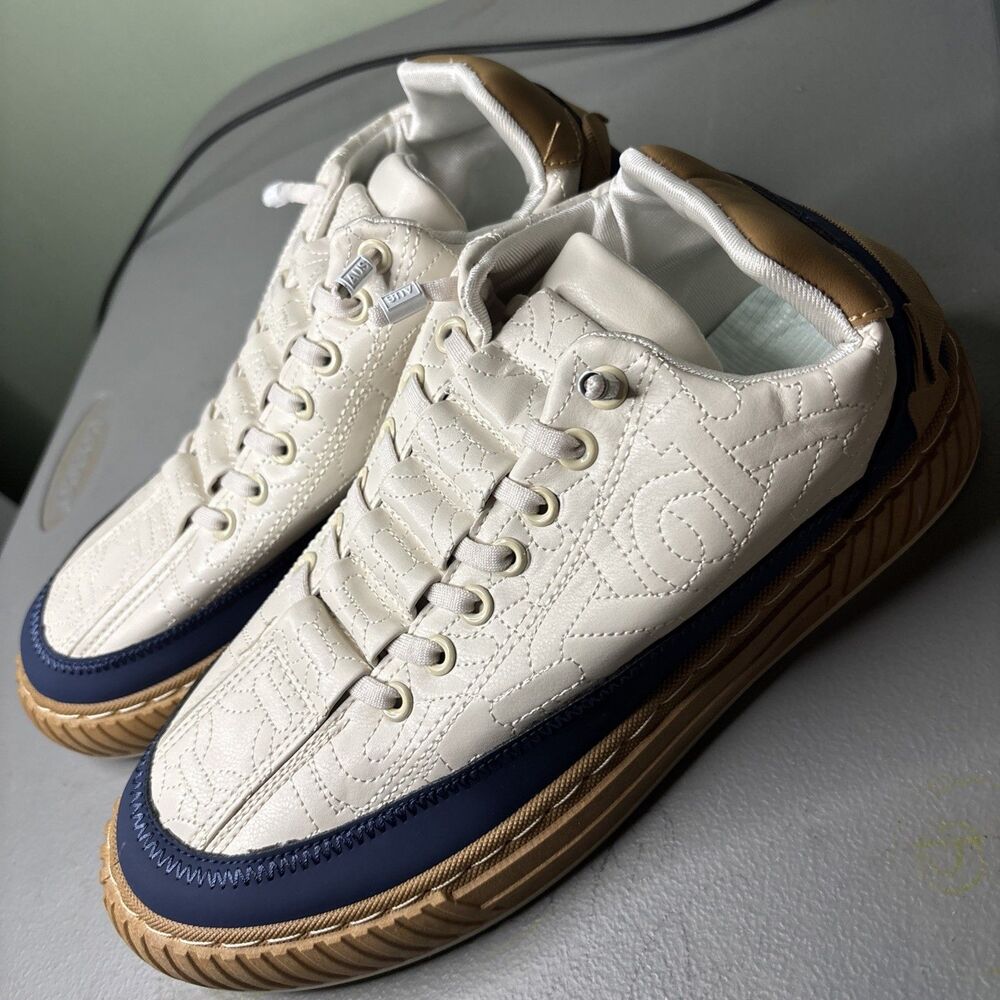 Men's Casual Quilted Leather Sneakers in White, Navy & Gold
